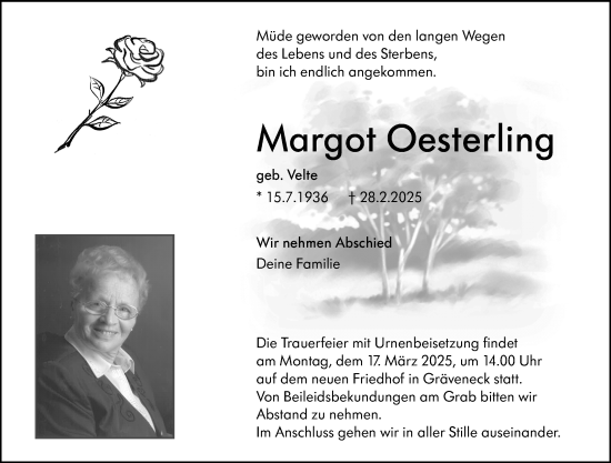 Traueranzeige von Margot Oesterling von Weilburger Tageblatt