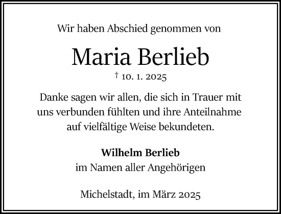 Traueranzeige von Maria Berlieb von Odenwälder Echo