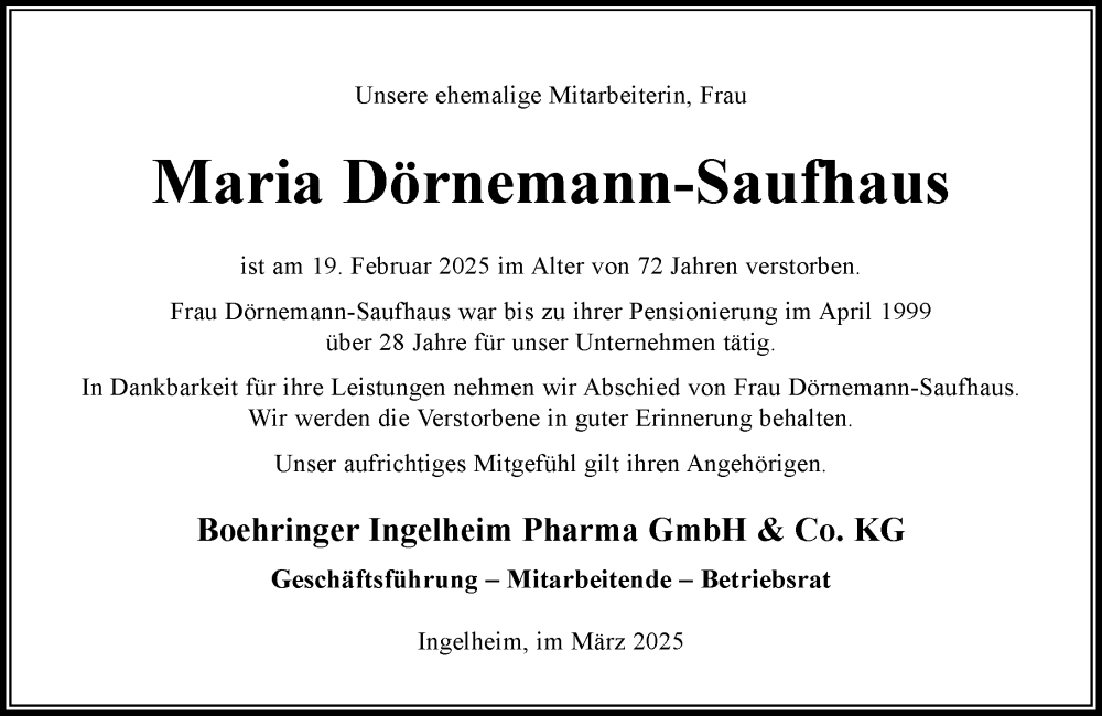  Traueranzeige für Maria Dörnemann-Saufhaus vom 10.03.2025 aus Allgemeine Zeitung Rheinhessen-Nahe