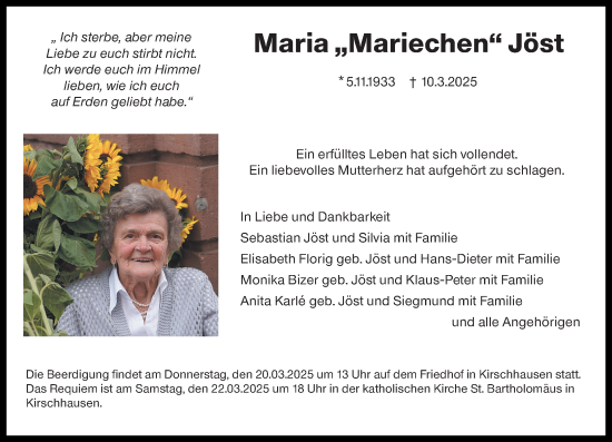 Traueranzeige von Maria Jöst von Starkenburger Echo