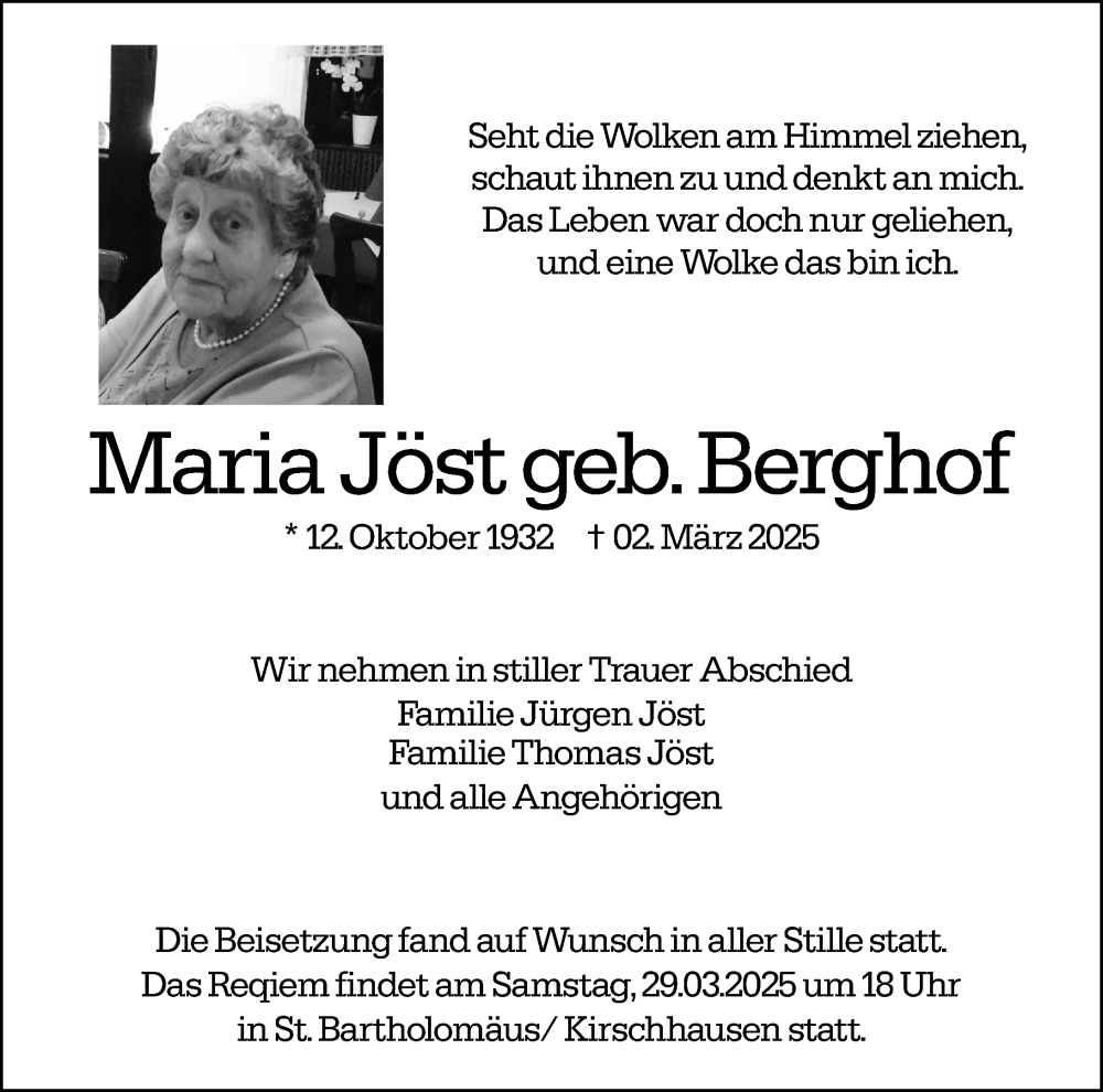 Traueranzeige für Maria Jöst vom 22.03.2025 aus Starkenburger Echo