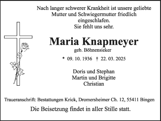 Traueranzeige von Maria Knapmeyer von Allgemeine Zeitung Rheinhessen-Nahe