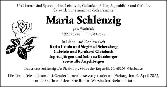 Traueranzeige von Maria Schlenzig von Wiesbadener Kurier