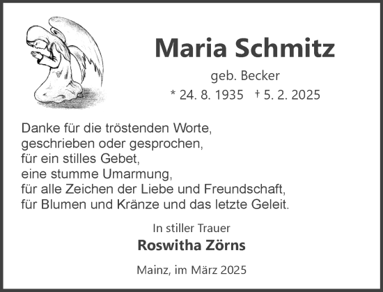 Traueranzeige von Maria Schmitz von Allgemeine Zeitung Mainz