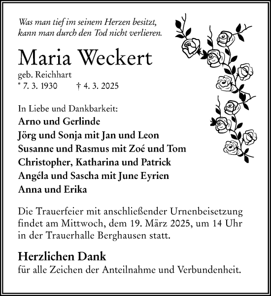 Traueranzeige von Maria Weckert von Wetzlarer Neue Zeitung