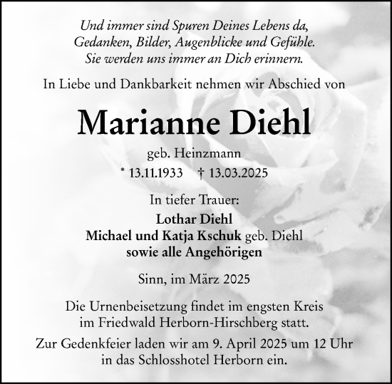 Traueranzeige von Marianne Diehl von Dill Block