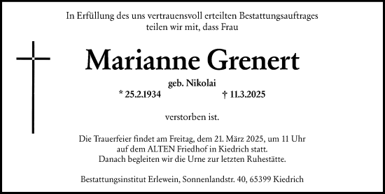 Traueranzeige von Marianne Grenert von Rheingau Kurier