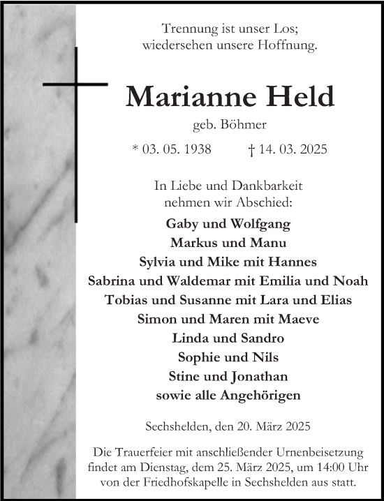 Traueranzeige von Marianne Held von Dill Block