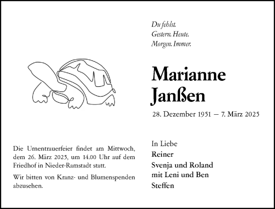Traueranzeige von Marianne Janßen von Darmstädter Echo