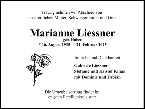 Traueranzeige von Marianne Liessner von Wiesbadener Kurier