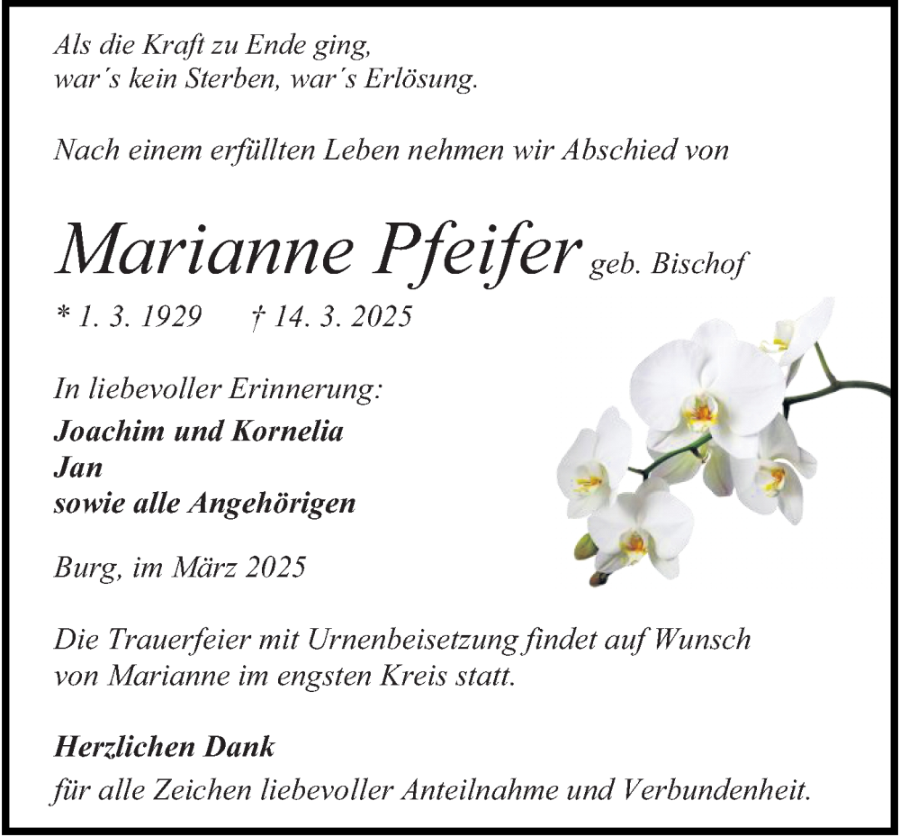  Traueranzeige für Marianne Pfeifer vom 22.03.2025 aus Dill Block