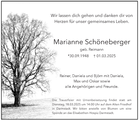 Traueranzeige von Marianne Schöneberger von Darmstädter Echo