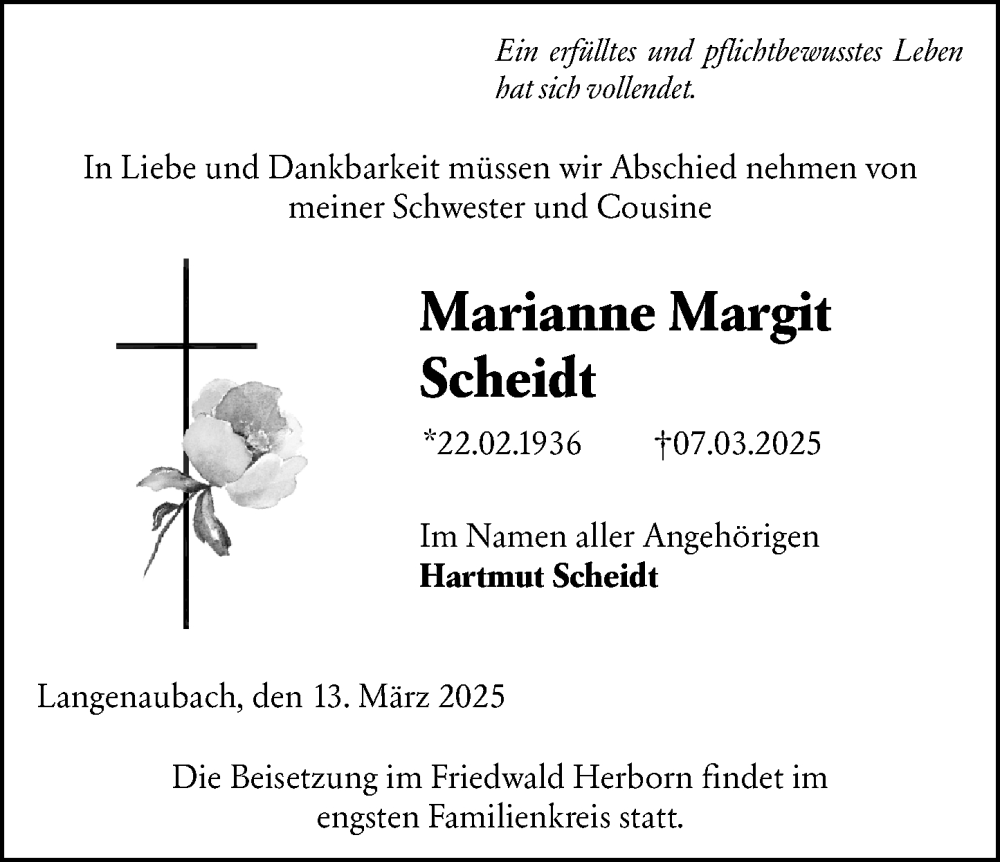  Traueranzeige für Marianne Margit Scheidt vom 13.03.2025 aus Dill Block