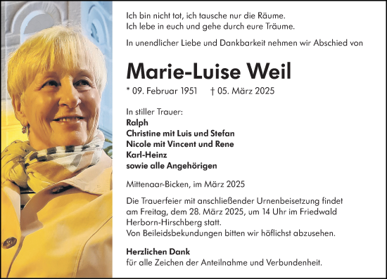 Traueranzeige von Marie-LuiseWeil Weil von Dill Block