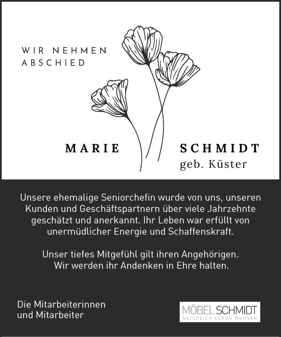 Traueranzeige von Marie Schmidt von Wetzlarer Neue Zeitung