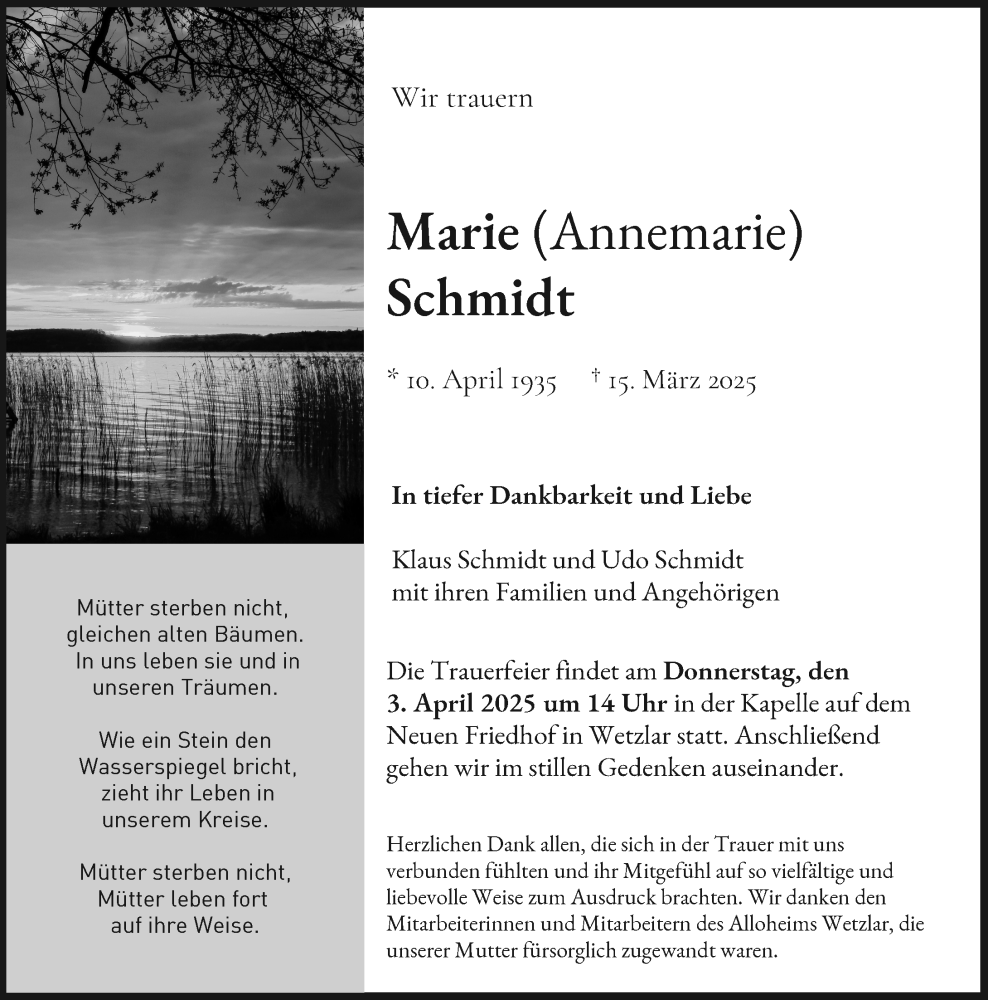  Traueranzeige für Marie Schmidt vom 29.03.2025 aus Wetzlarer Neue Zeitung