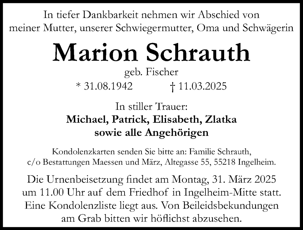  Traueranzeige für Marion Schrauth vom 22.03.2025 aus Allgemeine Zeitung Rheinhessen-Nahe