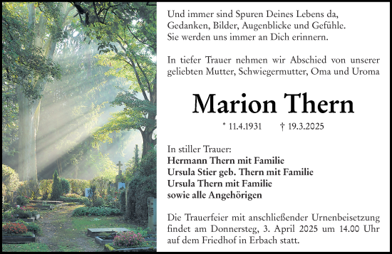Traueranzeige von Marion Thern von Odenwälder Echo