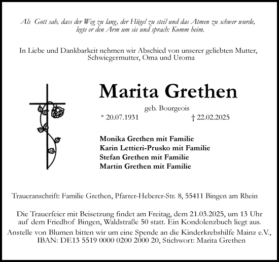 Traueranzeige von Marita Grethen von Binger-/Ingelheimer Wochenblatt
