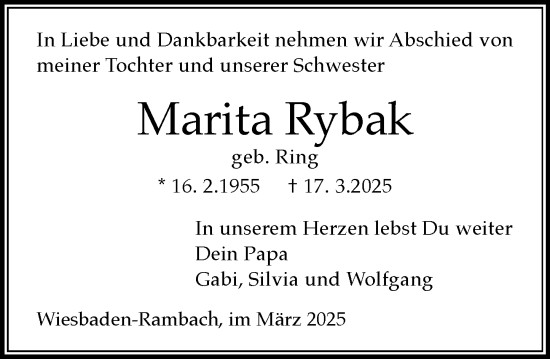 Traueranzeige von Marita Rybak von Wiesbadener Kurier