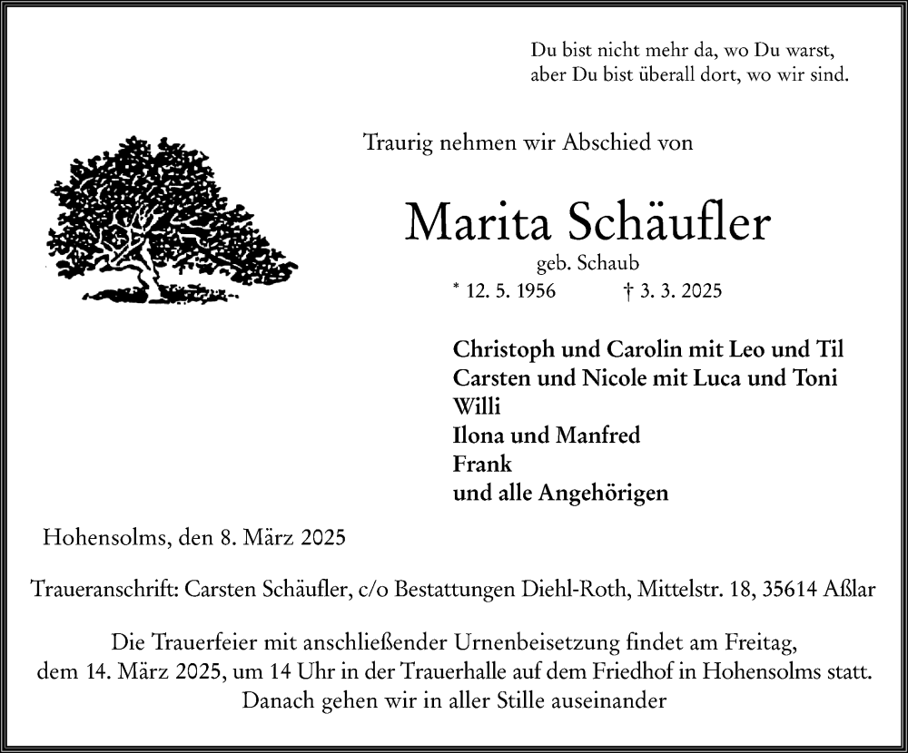  Traueranzeige für Marita Schäufler vom 08.03.2025 aus Wetzlarer Neue Zeitung