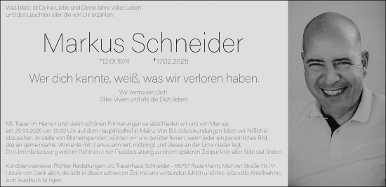 Traueranzeige von Markus Schneider von Allgemeine Zeitung Mainz