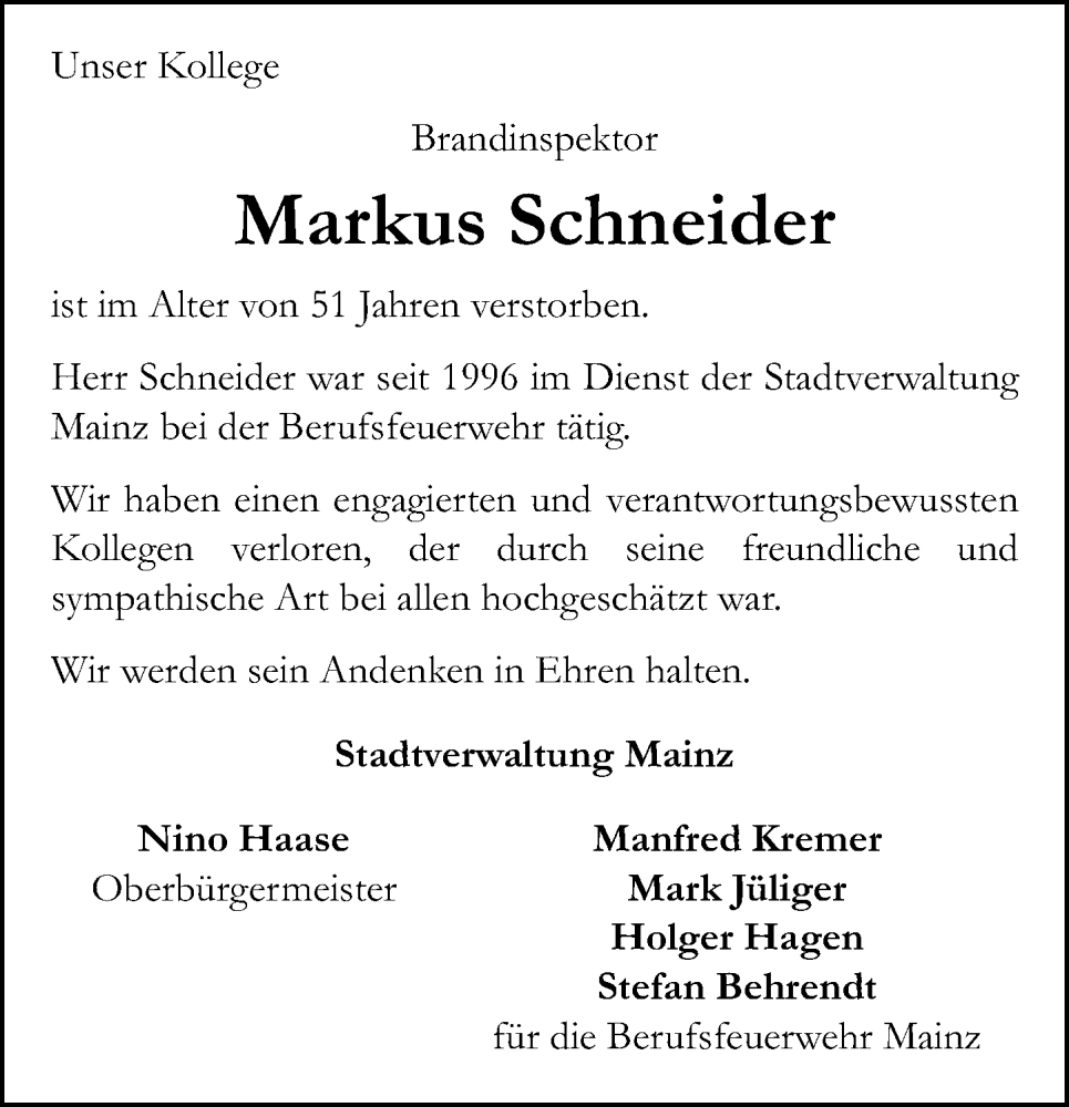 Traueranzeige für Markus Schneider vom 08.03.2025 aus Allgemeine Zeitung Mainz