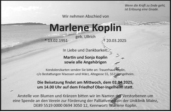 Traueranzeige von Marlene Koplin von Allgemeine Zeitung Rheinhessen-Nahe