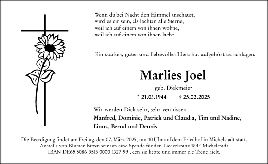Traueranzeige von Marlies Joel von Odenwälder Echo