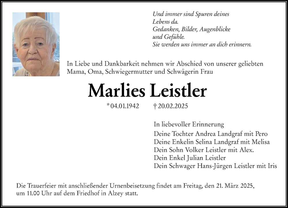  Traueranzeige für Marlies Leistler vom 15.03.2025 aus Allgemeine Zeitung Mainz