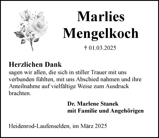 Traueranzeige von Marlies Mengelkoch von Idsteiner Land/Untertaunus