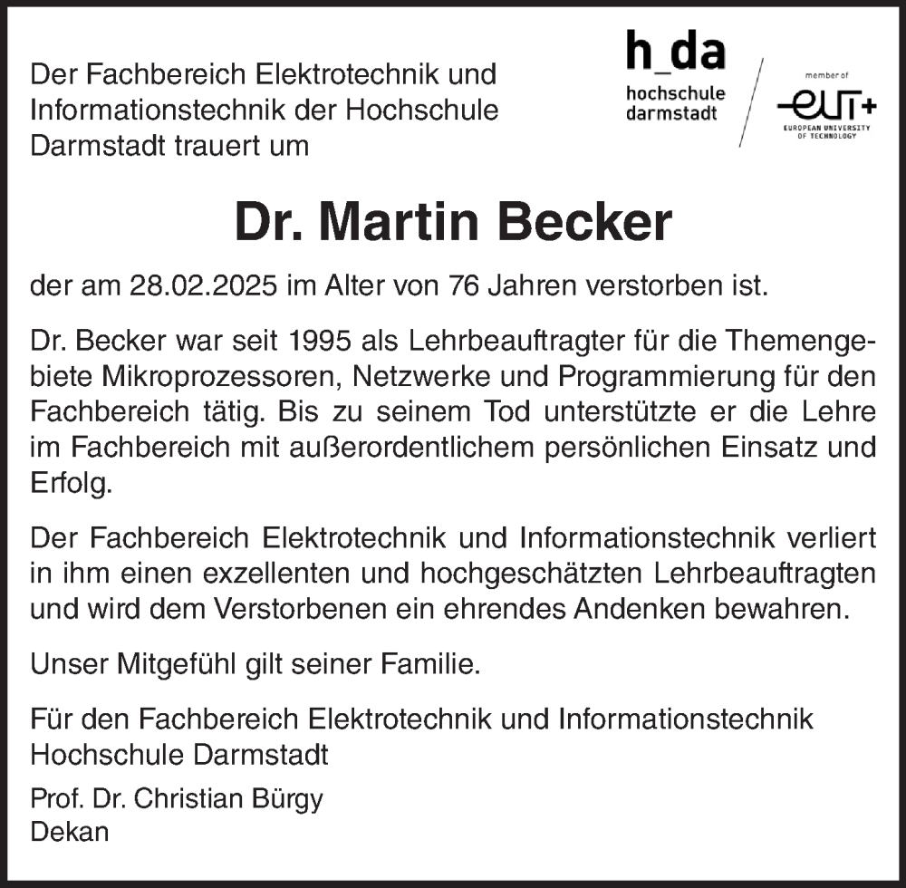  Traueranzeige für Martin Becker vom 08.03.2025 aus Darmstädter Echo