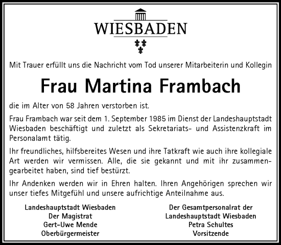Traueranzeige von Martina Frambach von Wiesbadener Kurier