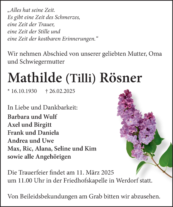Traueranzeige von Mathilde Rösner von Wetzlarer Neue Zeitung