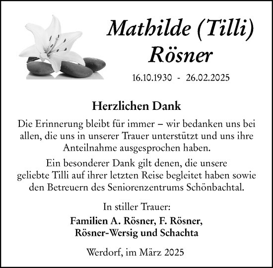 Traueranzeige von Mathilde Rösner von Wetzlarer Neue Zeitung