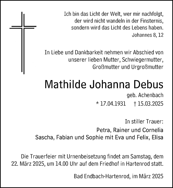 Traueranzeige von Mathilde Johanna Debus von Hinterländer Anzeiger