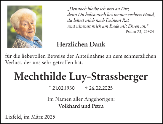 Traueranzeige von Mechthilde Luy-Strassberger von Hinterländer Anzeiger