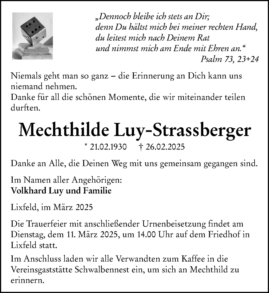  Traueranzeige für Mechthilde Luy-Strassberger vom 08.03.2025 aus Hinterländer Anzeiger