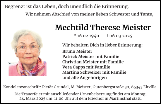 Traueranzeige von Mechtild Therese Meister von Rheingau Kurier