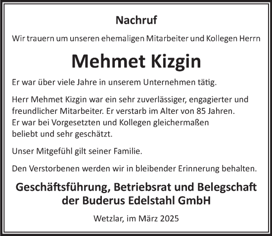 Traueranzeige von Mehmet Kizgin von Wetzlarer Neue Zeitung