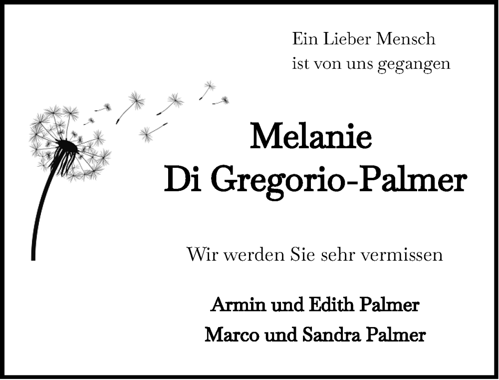  Traueranzeige für Melanie Di Gregorio-Palmer vom 22.03.2025 aus Wiesbadener Kurier