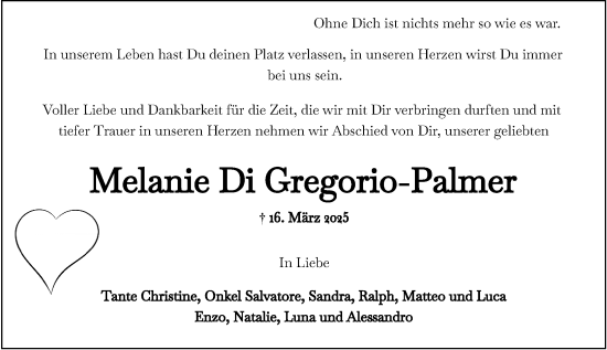 Traueranzeige von Melanie Di Gregorio-Palmer von Wiesbadener Kurier