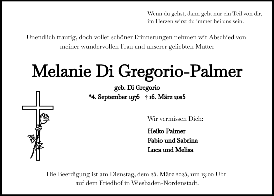 Traueranzeige von Melanie Di Gregorio-Palmer von Wiesbadener Kurier
