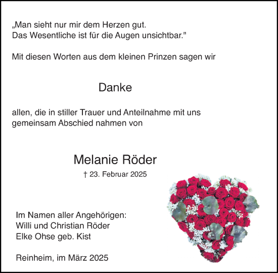 Traueranzeige von Melanie Röder von Darmstädter Echo