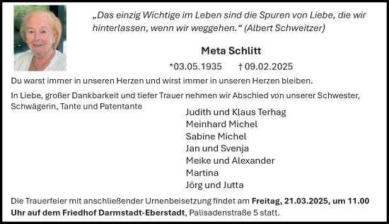Traueranzeige von Meta Schlitt von Darmstädter Echo