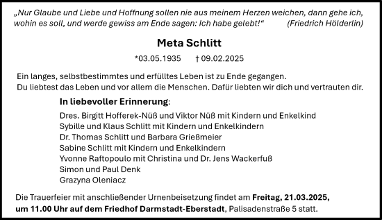 Traueranzeige von Meta Schlitt von Darmstädter Echo