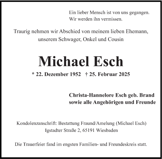 Traueranzeige von Michael Esch von Wiesbadener Kurier