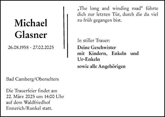 Traueranzeige von Michael Glasner von Camberger Anzeiger
