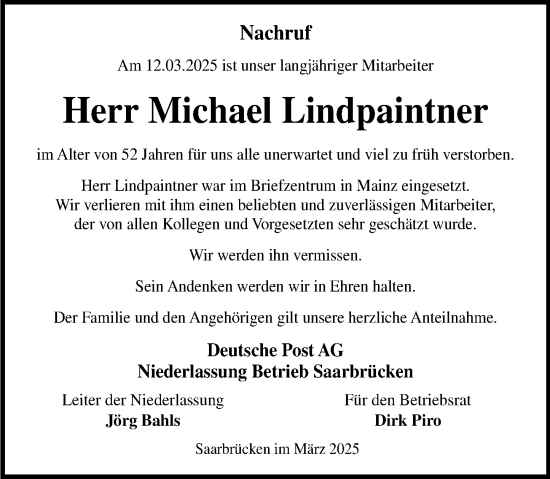 Traueranzeige von Michael Lindpaintner von Allgemeine Zeitung Mainz