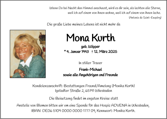 Traueranzeige von Mona Kurth von Wiesbadener Kurier